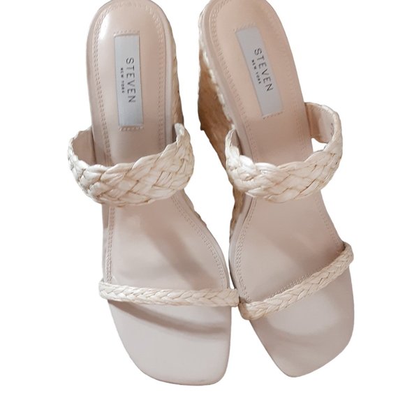 Steven New York Raffia Wedge Sandals Slide Cream Vacation Heels - Picture 4 of 12